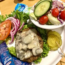 My mushroom/swiss w/ lettuce wrap, came with salad as option. Very nicely plated & tasty! $14 My mushroom/swiss w/ lettuce wrap, came with salad as option. Very nicely plated & tasty! $14