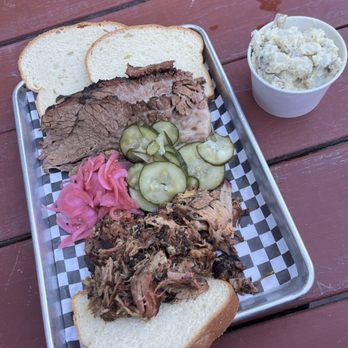 Wood Shop BBQ - half pound brisket (top) and half pound pulled pork (bottom) House-made Potato Salad - Barbeque Near Me - Seattle, Washington Wood Shop BBQ - half pound brisket (top) and half pound pulled pork (bottom) House-made Potato Salad - Barbeque Near Me - Seattle, Washington