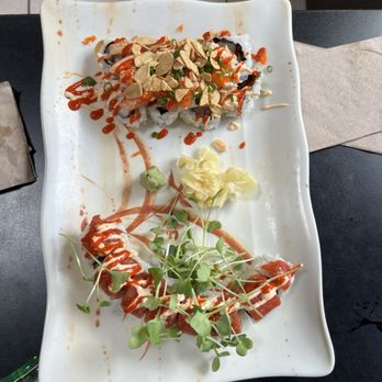 Kuma Sushi - Garlic Chip Roll (upper) and Red Eye Roll (lower) - Sushi Bars Near Me - Los Osos, California Kuma Sushi - Garlic Chip Roll (upper) and Red Eye Roll (lower) - Sushi Bars Near Me - Los Osos, California