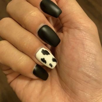 Top Nails Bar - Cow print and matte black in coffin shape acrylic full set - Nail Technicians Near Me - Carol Stream, Illinois
