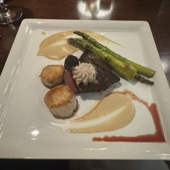 Madison's Restaurant - NY Strip, Scallops, asparagus, Truffle Butter.  The sauces ...amazing! Entree cooked perfectly.  The best meal I've had in ages. - New American Near Me - Highlands, North Carolina