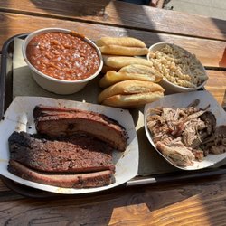 Follow Yer Nose BBQ - 1 lb each of brisket and pork, pasta salad, beans, and ciabatta rolls.