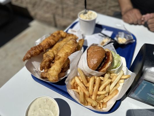 Photo of Harbor Fish & Chips - Oceanside, CA, US. Fish and Onion ring plate (3pieces)  Hawaiian Burger