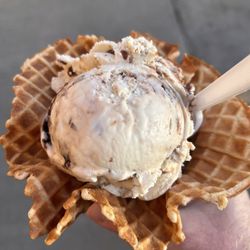 Big Dipper Homemade Ice Cream - Moose Nuggets in a waffle bowl.