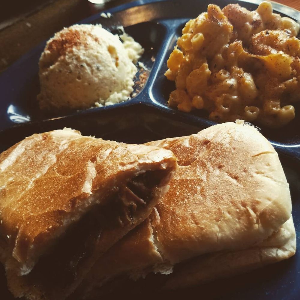 Dinosaur Bar-B-Que - Chopped Brisket sandwich with potato salad and Mac and cheese - Barbeque Near Me - Troy, New York
