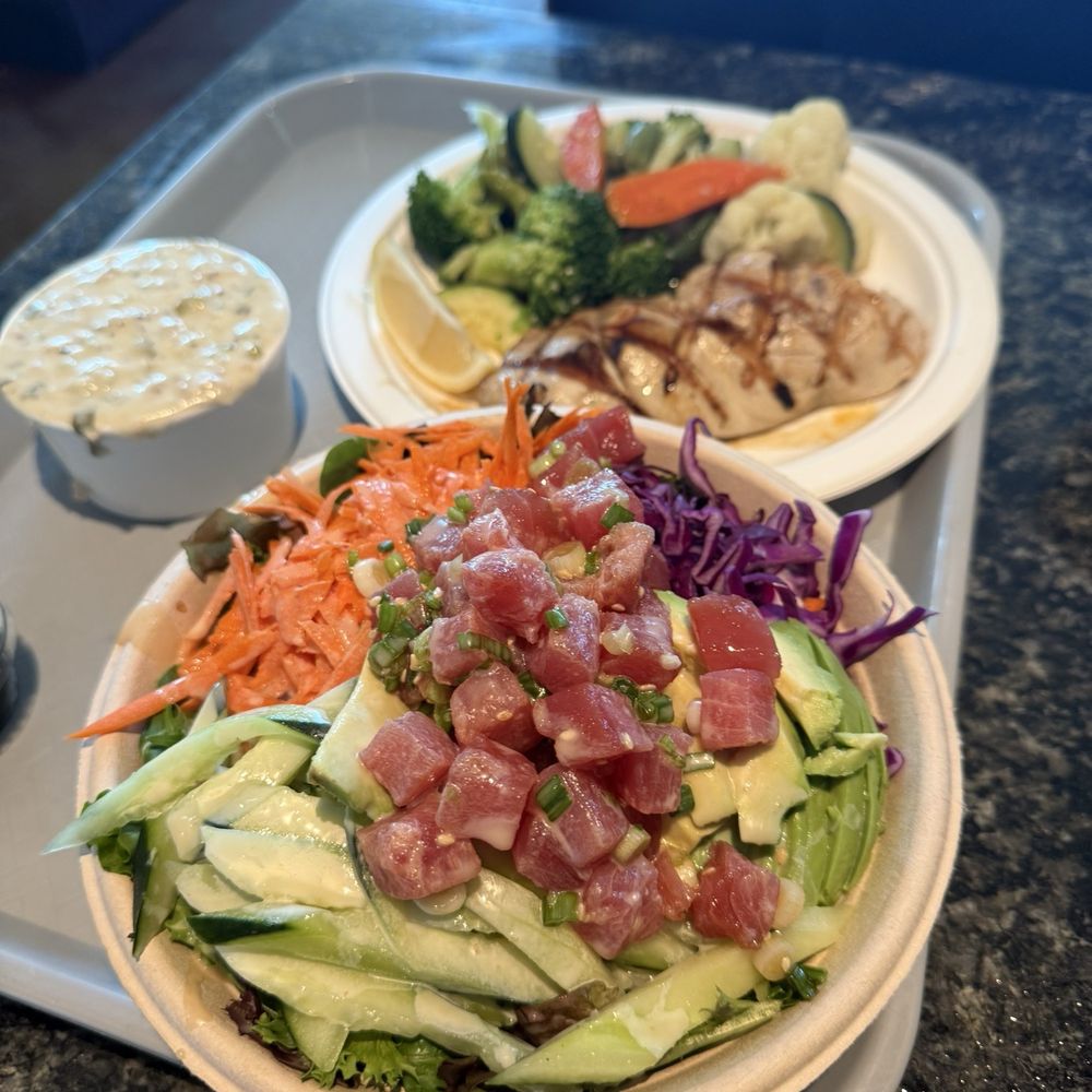 Ahi poke, grilled sea bass and clam chowder Ahi poke, grilled sea bass and clam chowder