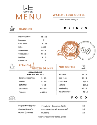 Menu photo 1 Water's Edge Coffee South Haven, MI Menu photo 1 Water's Edge Coffee South Haven, MI