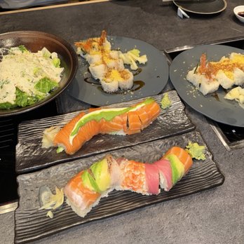 Hanagi Japanese Restaurant - Tofu Seafood Salad, 2 Double Shrimp Tempura Rolls, Spicy Salmon Roll, and Rainbow Roll - Japanese Near Me - Anaheim, California Hanagi Japanese Restaurant - Tofu Seafood Salad, 2 Double Shrimp Tempura Rolls, Spicy Salmon Roll, and Rainbow Roll - Japanese Near Me - Anaheim, California