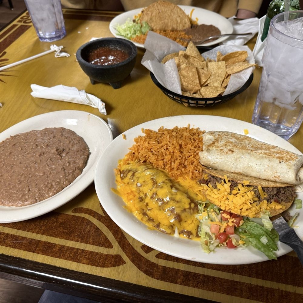 Taqueria Jalisco - Beef Taco, Chicken Enchiladas, and Beef Burrito w/Rice and Beans - Mexican Near Me - Lubbock, Texas