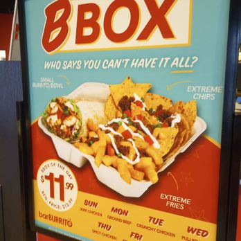 BarBurrito - B Box special. $11.99 for a small burrito, Extreme fries and Extreme chips. A different burrito type each day of the week. - Tex-Mex Near Me - Orleans, Ontario