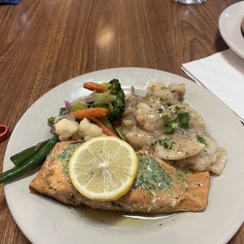 Bavarian Grill - Chive butter salmon with warm potato salad and vegetables. No pasta though it's listed under pasta. - German Near Me - Plano, Texas Bavarian Grill - Chive butter salmon with warm potato salad and vegetables. No pasta though it's listed under pasta. - German Near Me - Plano, Texas