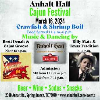 Anhalt Hall - Two events in one day! Cajun Music & Country Music. See you on the dance floor! - Country Dance Halls Near Me - Spring Branch, Texas Anhalt Hall - Two events in one day! Cajun Music & Country Music. See you on the dance floor! - Country Dance Halls Near Me - Spring Branch, Texas