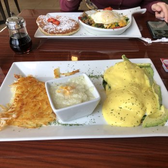 London Cafe - London Benedicts with cheese grits and Sugar-Land Skillet with pancake. - Breakfast & Brunch Near Me - Houston, Texas London Cafe - London Benedicts with cheese grits and Sugar-Land Skillet with pancake. - Breakfast & Brunch Near Me - Houston, Texas