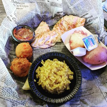 Hull's Seafood - Golden Tile, red potatoes, yellow rice and hush-puppies. - Seafood Near Me - Ormond Beach, Florida