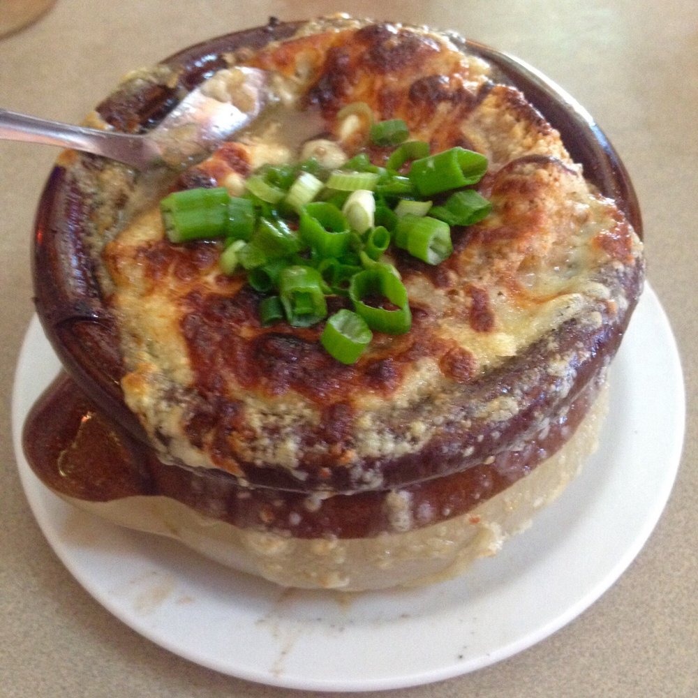 The Hideaway Pub & Eatery - Baked French onion soup - watch out for the bay leaves, they leave the inedible leaves inside the edible soup, on purpose. - American Near Me - Franklin, Wisconsin The Hideaway Pub & Eatery - Baked French onion soup - watch out for the bay leaves, they leave the inedible leaves inside the edible soup, on purpose. - American Near Me - Franklin, Wisconsin