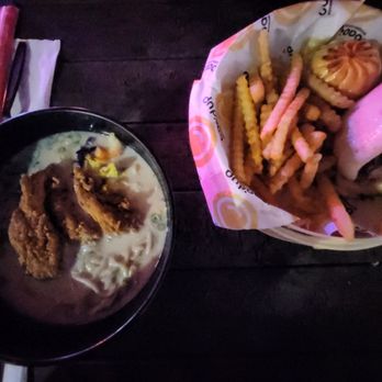 Bao’d Up - Mueller Aldrich - Tonkotsu Ramen with crispy chicken, 1 Crispy Chicken and 1 Spicy Brisket - Bubble Tea Near Me - Austin, Texas