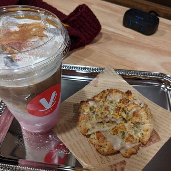 Cafe V - Pink Blossom latte, Earl gray scone - Coffee & Tea Near Me - Annandale, Virginia Cafe V - Pink Blossom latte, Earl gray scone - Coffee & Tea Near Me - Annandale, Virginia