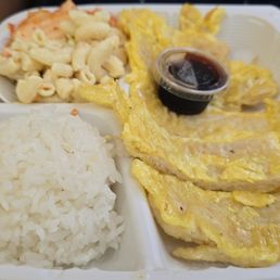 Mini fish jun, rice, mac salad, & kim chee. Mini fish jun, rice, mac salad, & kim chee.