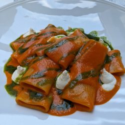 La Veranda - Paccheri with roasted cherry tomato sauce and basil olive oil.