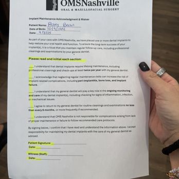 OMS Nashville - Here is a photo of the form instructing patients to go to their dentist instead of returning to OMS/Dr. West - Oral Surgeons Near Me - Brentwood, Tennessee OMS Nashville - Here is a photo of the form instructing patients to go to their dentist instead of returning to OMS/Dr. West - Oral Surgeons Near Me - Brentwood, Tennessee
