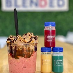 Blended Health & Smoothie Bar - Our seasonal Pitaya Bowl with a Banana Bread Waffle Topper and a variety of Wellness Ginger Shots.