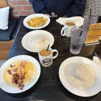 The Hive - East Meets South - Garlic Shrimp, Bacon and Cheesy Grits Bowl, Biscuit and Gravy Max Egg Plate - Breakfast & Brunch Near Me - Erlanger, Kentucky