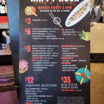 Benihana - Cupertino - Happy Hour menu. $9 salmon avo roll - happy hour pricing. - Steakhouses Near Me - Cupertino, California