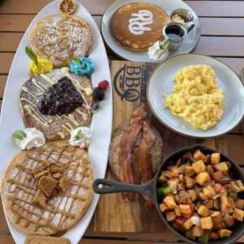 Ruby Red's BBQ - Griddlecake trio for the table and Big Texas Breakfast - Barbeque Near Me - La Habra, California