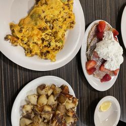 Original Pancake House - Midtown - Chorizo scramble, home fries and strawberry pancakes