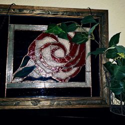 The Glass by Charis - Red Rose. Traditional flat panel Custom Stained Glass. Ready to hang! Available! Contact me!