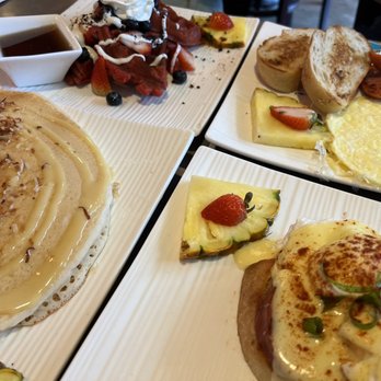 Moena Café - Clockwise: red velvet mochi, MC breakfast, eggs Benedict, banana chantilly pancake - Cafes Near Me - Honolulu, Hawaii Moena Café - Clockwise: red velvet mochi, MC breakfast, eggs Benedict, banana chantilly pancake - Cafes Near Me - Honolulu, Hawaii