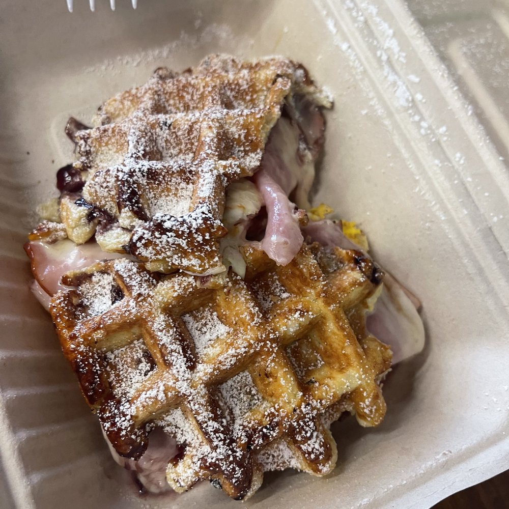 Press Waffle Co. - The Monte Cristo - Black forest ham, smoked turkey, white american cheese, blackberry jam - Breakfast & Brunch Near Me - Plano, Texas Press Waffle Co. - The Monte Cristo - Black forest ham, smoked turkey, white american cheese, blackberry jam - Breakfast & Brunch Near Me - Plano, Texas