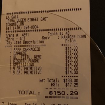 La Sala Restaurant - Total bill and - Italian Near Me - Toronto, Ontario
