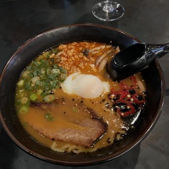 OBON Sushi Bar Ramen - Obon Ramen - Spicy Miso/Chickenbroth, spicy ground chicken, pork belly, garlic oil, fresno, scallions, egg, beach mushrooms - Sushi Bars Near Me - Scottsdale, Arizona OBON Sushi Bar Ramen - Obon Ramen - Spicy Miso/Chickenbroth, spicy ground chicken, pork belly, garlic oil, fresno, scallions, egg, beach mushrooms - Sushi Bars Near Me - Scottsdale, Arizona