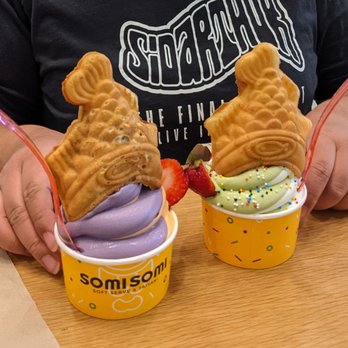 Somisomi - Ube Thai Tea swirl with Nutella waffle Matcha swirl with custard waffle - Ice Cream & Frozen Yogurt Near Me - Ontario, California Somisomi - Ube Thai Tea swirl with Nutella waffle Matcha swirl with custard waffle - Ice Cream & Frozen Yogurt Near Me - Ontario, California