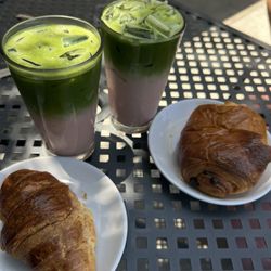 Component Coffee - Fresno - Iced Strawberry Matcha made with oatmilk and extra ice  Chocolate Croissant  Butter Croissant