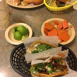 Taco de pastor (spicy) and asada w/cebolla y cilantro.. their carrots are soooo yummy too, they have an oregano/spicy flavor to it