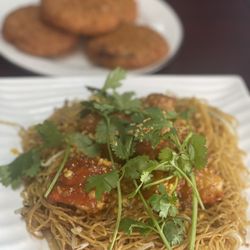 Pho O’clock - Lobster Garlic Noodles  absolutely delicious!!  (Also pictured: crab cakes)