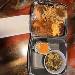 Mandela Soul Food - Baked chicken, greens. Candiyams, Mac and cheese
