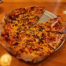 Bacon Gorgonzola Pizza, served hot and delicious.
