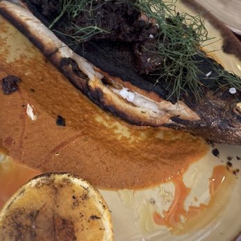 Hearthside - Branzino - whole fish - tomato, black olive, fennel, burnt orange oil - New American Near Me - Collingswood, New Jersey Hearthside - Branzino - whole fish - tomato, black olive, fennel, burnt orange oil - New American Near Me - Collingswood, New Jersey