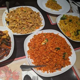 Kung Pao Beef (left), Treasure Fried Rice (back), Singaporean Noodle (right), Vegetable Szechuan Rice (front) Kung Pao Beef (left), Treasure Fried Rice (back), Singaporean Noodle (right), Vegetable Szechuan Rice (front)