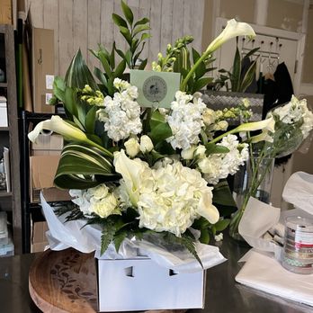 Clarose Florals - Wrapped bouquet and a White + Green sympathy arrangement - Florists Near Me - Morgan Hill, California