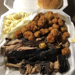 Ribs potato salad fried okra bun