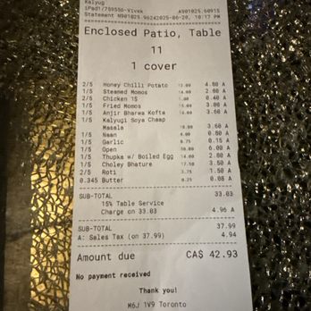 Kalyug Cocktail Bar - The bill for table of 6! Enclosed Patio sitting :) - Indian Near Me - Toronto, Ontario Kalyug Cocktail Bar - The bill for table of 6! Enclosed Patio sitting :) - Indian Near Me - Toronto, Ontario