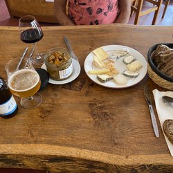 La Cave Voltaire - A Cabernet Franc, we forgot the vineyard but not the taste. #3 Extra Pale Ale. A dish in a jar, cheese plate and great bread.