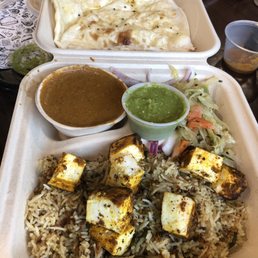 Paneer platter with saffron rice with onion and cilantro, vindaloo sauce, garlic naan and mint chutney - less than $9! Amazing!! Paneer platter with saffron rice with onion and cilantro, vindaloo sauce, garlic naan and mint chutney - less than $9! Amazing!!