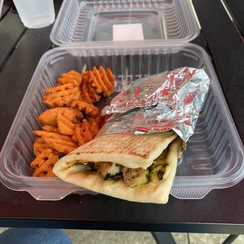 Fork and Bowl Bistro - Pesto chicken flatbread with sweet potato fries. Very good! - Sandwiches Near Me - San Antonio, Texas