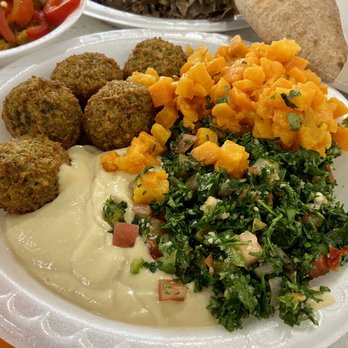 The Green Chicpea - Falafel platter with carrot salad, spicy tabouli, hummus - Middle Eastern Near Me - Newark, New Jersey