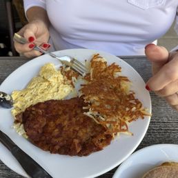 A Scramble with corn beef hash. A Scramble with corn beef hash.
